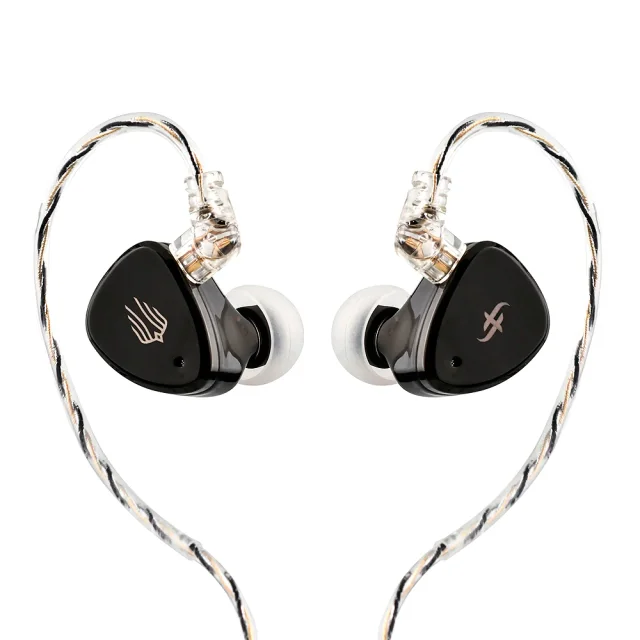 Par de IEMs SIMGOT EM6L pretos com cabo transparente